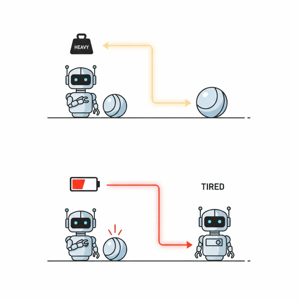Diagrama explicando el mecanismo de atención de la IA, mostrando cómo ChatGPT entiende el contexto conectando palabras como "pesado" con "pelota" y "cansado" con "robot".