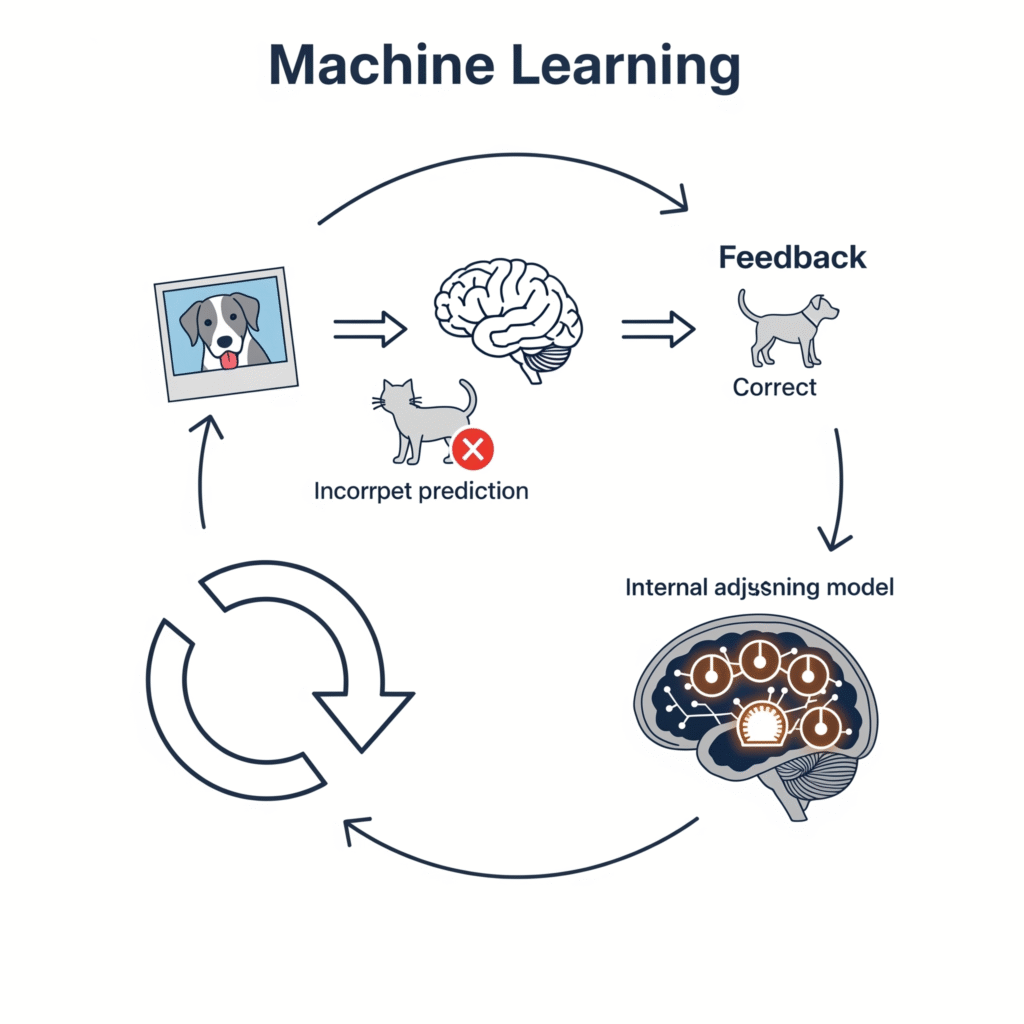 Infografía que explica el proceso de entrenamiento de las redes neuronales en 4 pasos: predicción, error, retropropagación y repetición.
