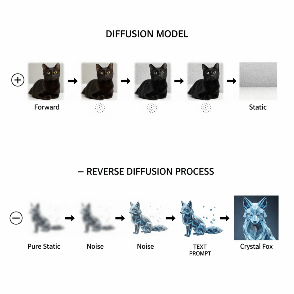 Infografía explicando cómo funcionan los generadores de imágenes con IA (modelos de difusión), mostrando el proceso de añadir ruido para aprender y quitarlo para crear.