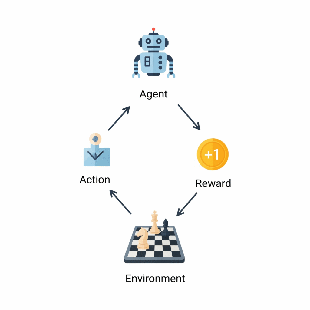 Diagrama que ilustra el ciclo del aprendizaje por refuerzo con sus 4 componentes: agente, acción, entorno y recompensa.